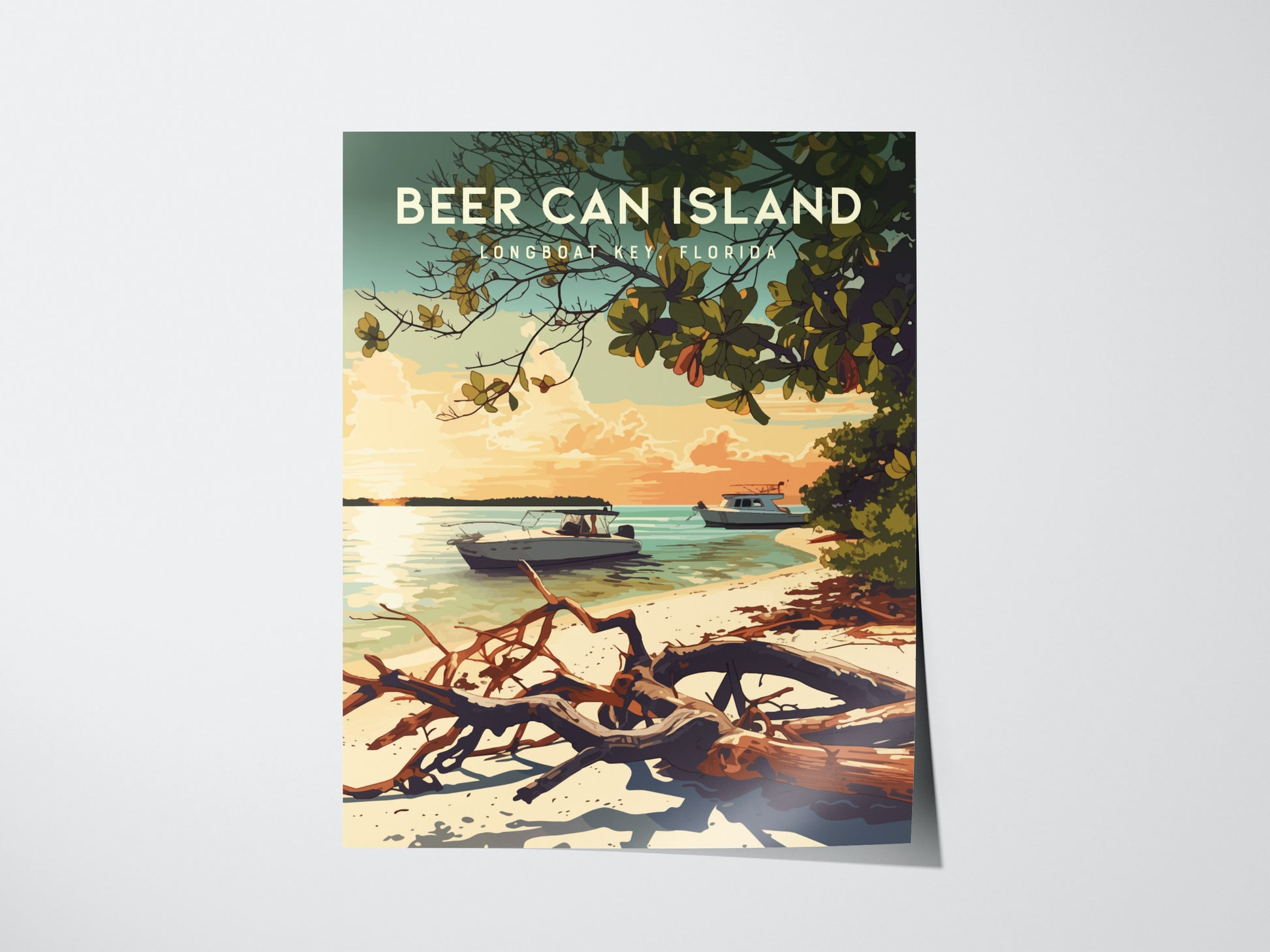 A vibrant poster of Beer Can Island at Longboat Key, Florida, depicting boats anchored in calm turquoise waters near a beach lined with driftwood. The sky is filled with warm, sunset hues, and lush greenery frames the scene.