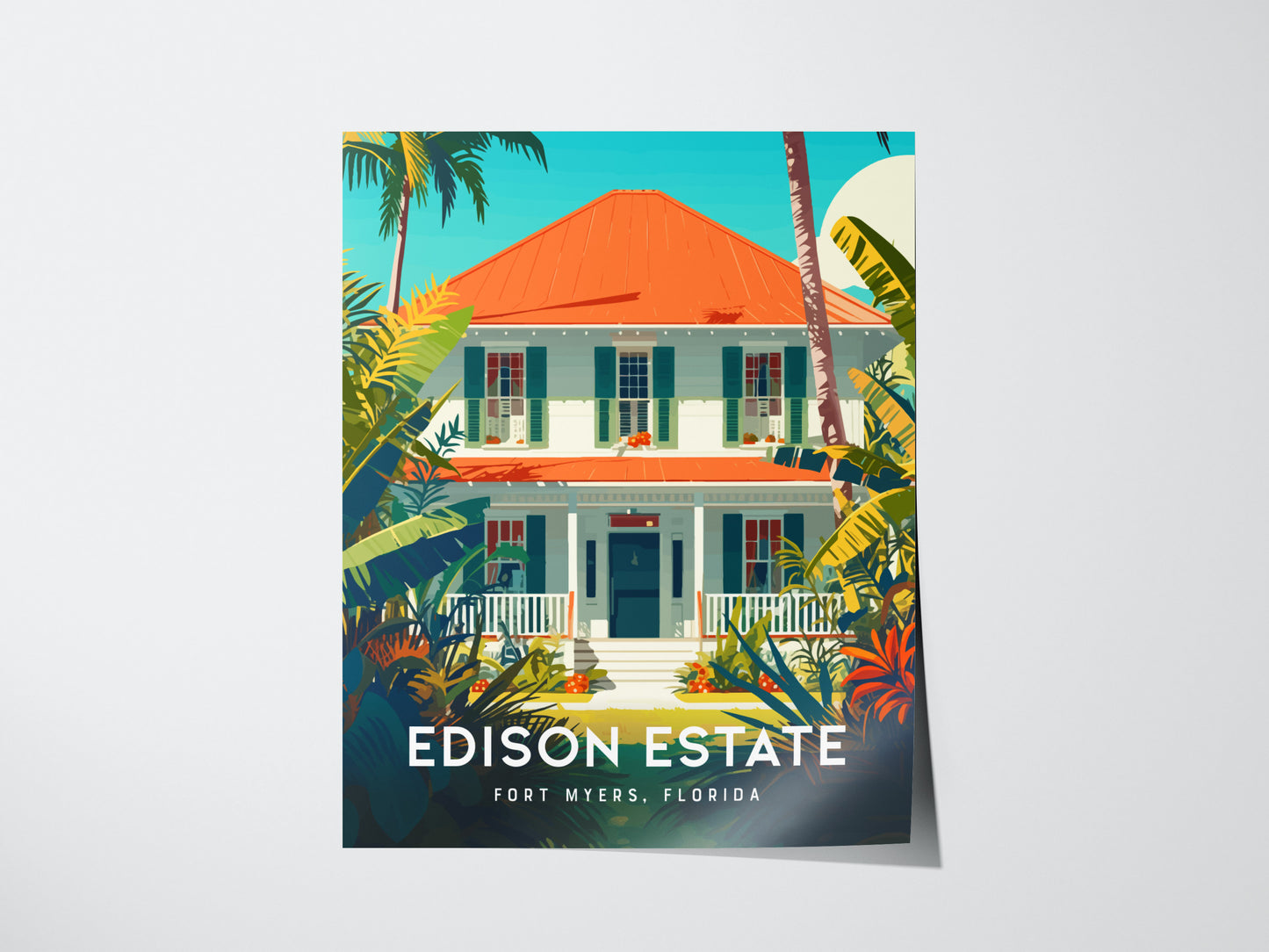 Illustrated poster of the Edison Estate in Fort Myers, Florida, featuring a white house with a red roof surrounded by lush tropical plants and palm trees.