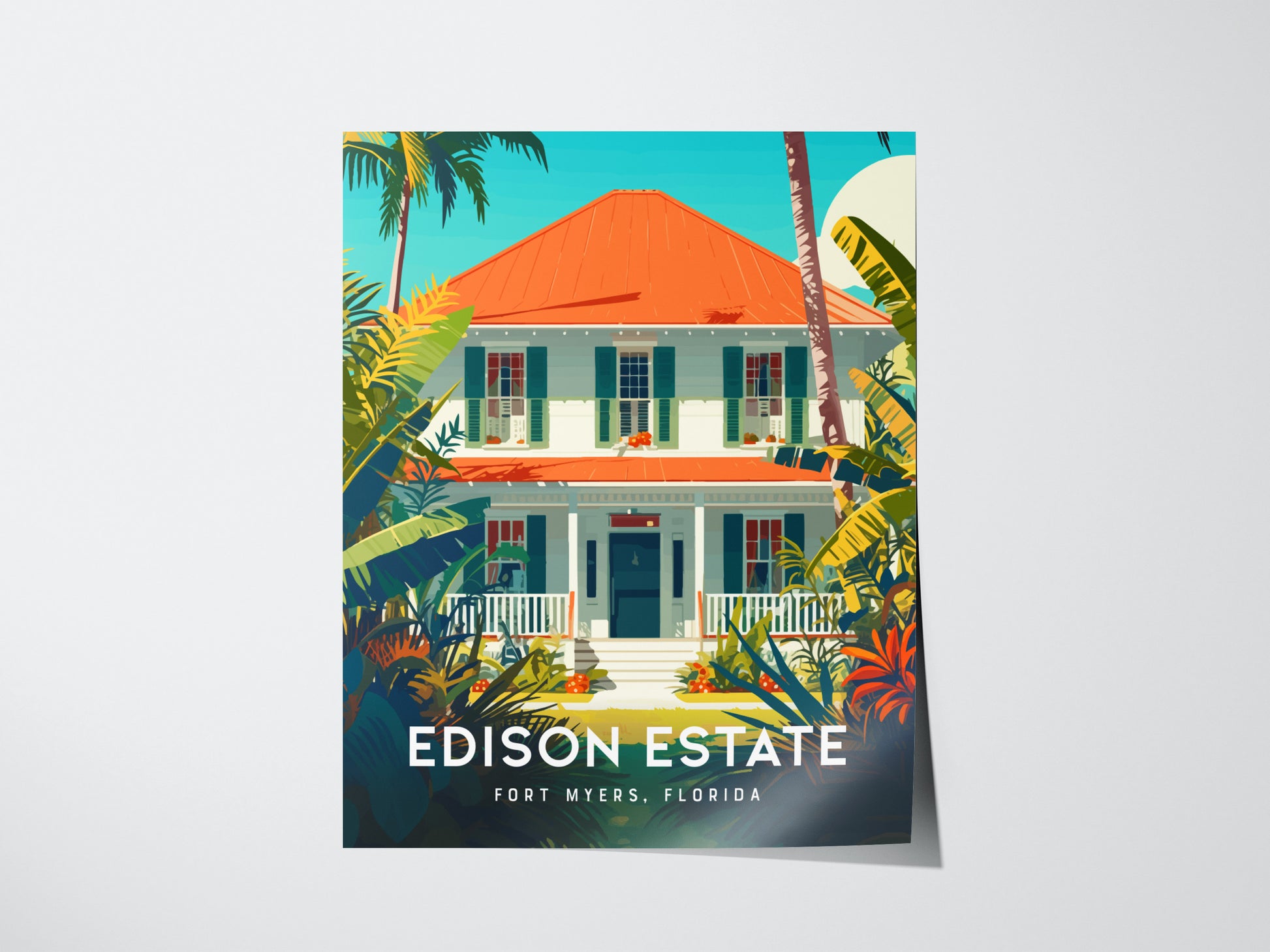 Illustrated poster of the Edison Estate in Fort Myers, Florida, featuring a white house with a red roof surrounded by lush tropical plants and palm trees.