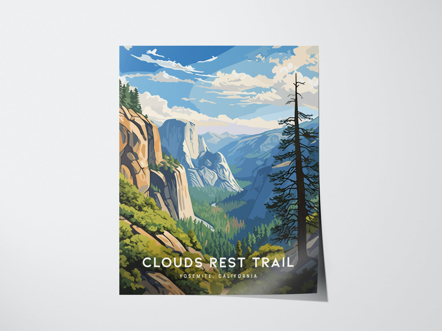 Illustrated poster of Clouds Rest Trail in Yosemite, featuring dramatic granite cliffs, lush valleys, and a vibrant blue sky with scattered clouds. A tall tree stands in the foreground.