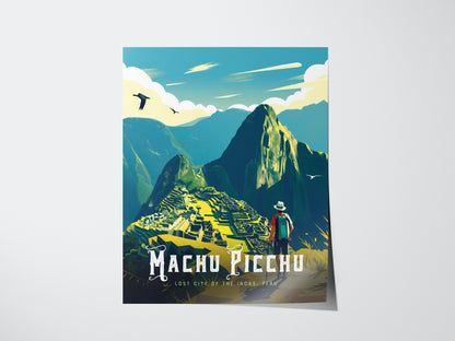 A vibrant poster of Machu Picchu featuring a hiker overlooking the ancient ruins with mountains and birds in the background. The text reads Machu Picchu: Lost City of the Incas,.
