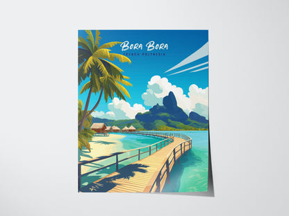 Illustrated travel print of Bora Bora, showcasing turquoise lagoons, lush mountains, palm trees, and overwater bungalows under a blue sky, evoking a tropical paradise.