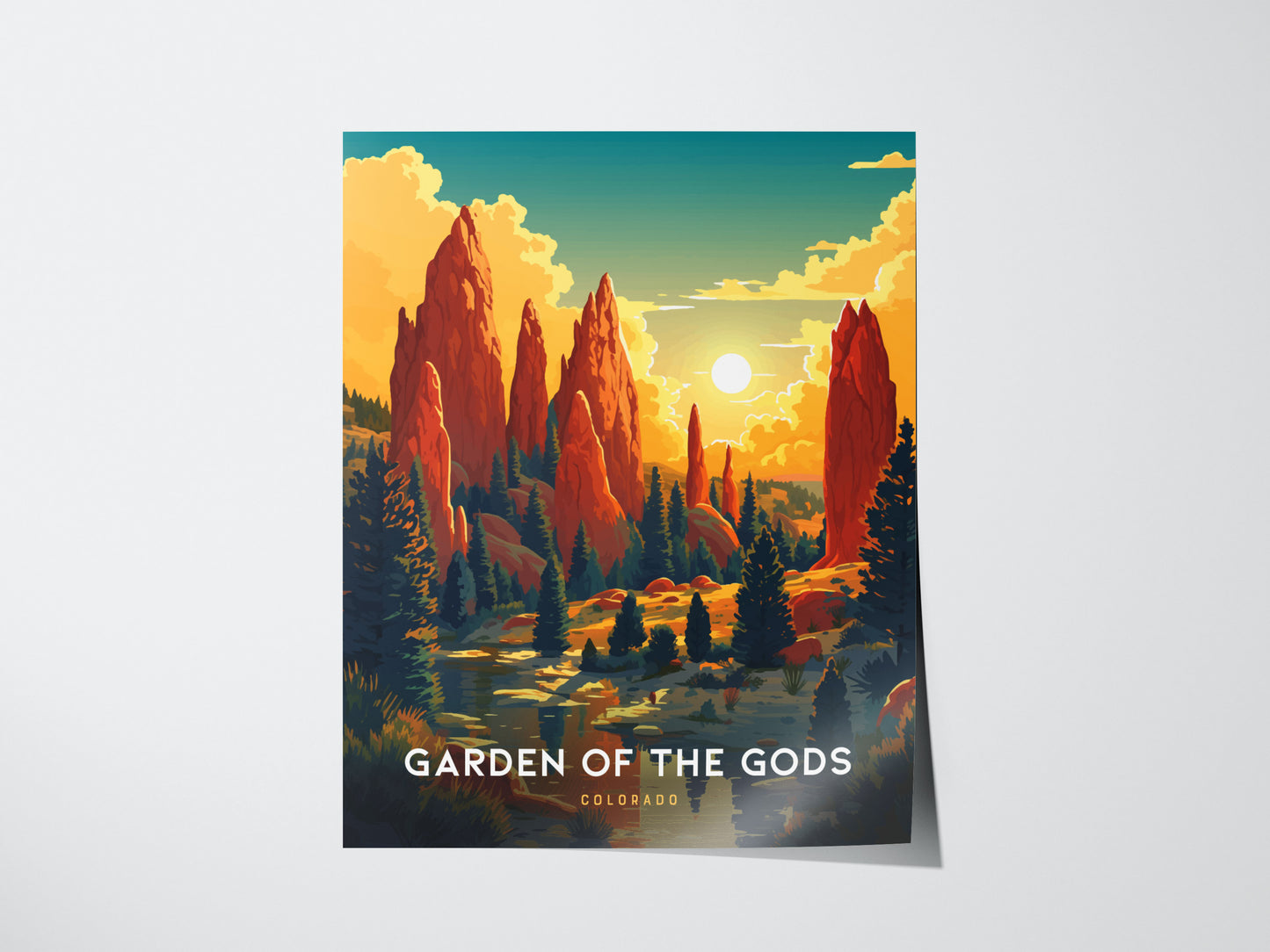 Illustrated poster of Garden of the Gods, featuring vibrant red rock formations and a glowing sun against a blue sky. The foreground is lush with green trees.