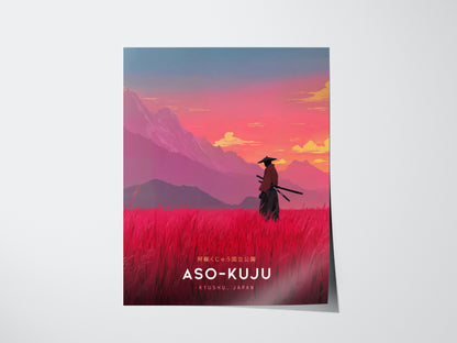 Aso-Kuju National Park Poster | Japan Samurai Travel Print Wall Art | Framed or Unframed