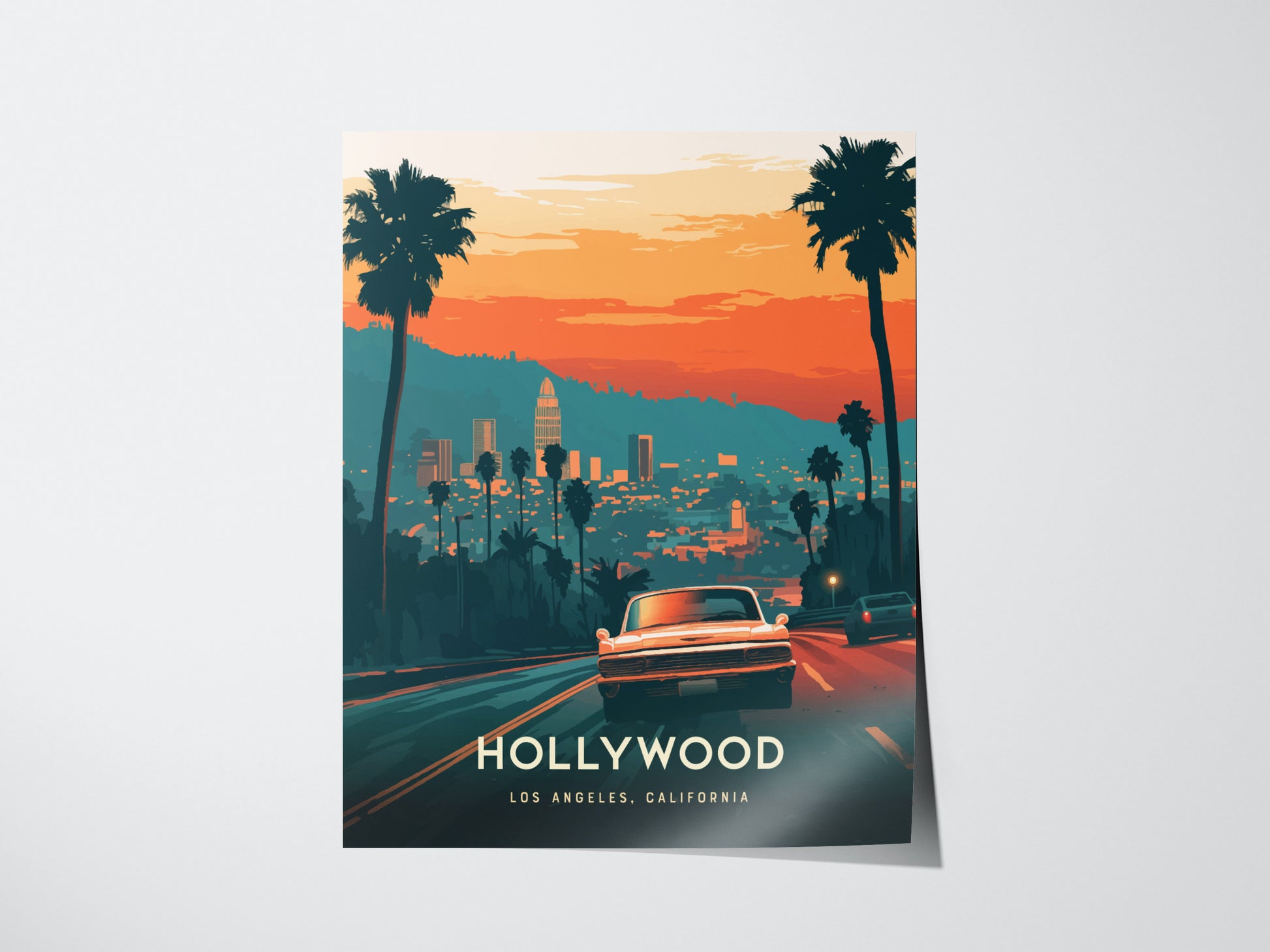 A vibrant poster depicting a classic Los Angeles scene with palm trees, a vintage car driving towards the city skyline, and a colorful sunset sky.