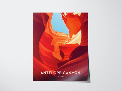 A vibrant poster of Antelope Canyon featuring swirling red and orange sandstone formations under a bright blue sky, with the text Antelope Canyon, Arizona at the bottom.