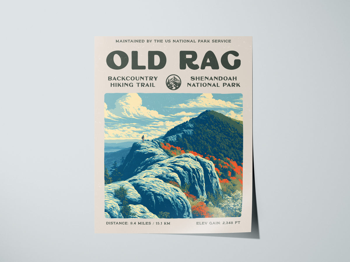 Old Rag, Shenandoah National Park Poster | Hiker Gift | Backcountry Trail Wall Art — giclée print detail on matte paper