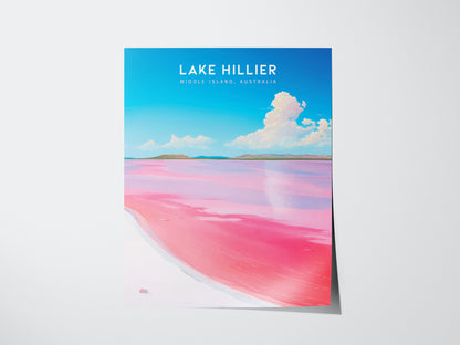 A vibrant poster of Lake Hillier features its distinctive bubblegum pink water contrasting with the bright blue sky and fluffy clouds, set against a minimalist design.