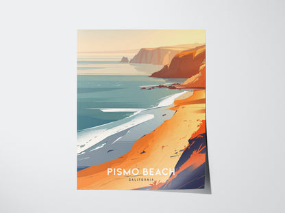 A vibrant poster depicts Pismo Beach with golden sandy shores, blue ocean waves, and majestic cliffs under a serene sunset sky. The words Pismo Beach, California are displayed.