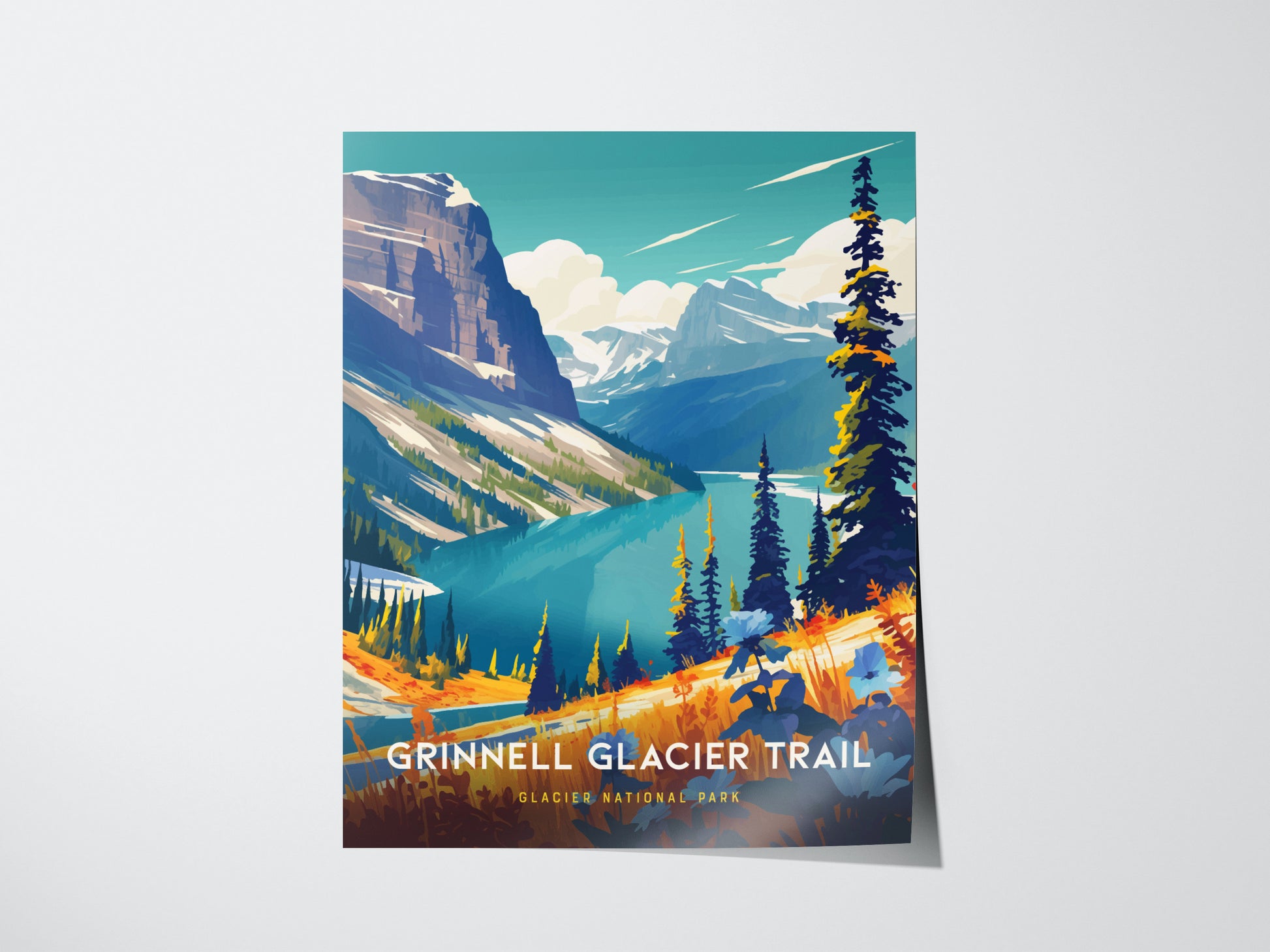 Vibrant poster of Grinnell Glacier Trail in Glacier National Park, showcasing turquoise lakes, lush meadows, and towering peaks under a clear sky. Bold colors highlight the natural beauty.