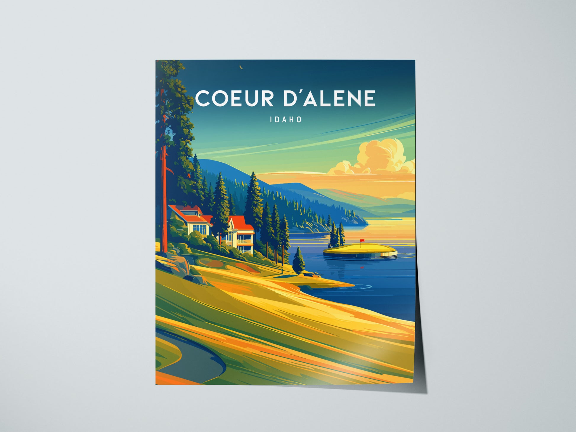 Coeur d'Alene Resort, Idaho Poster | Lakeside Golf Course Scenic Wall Art — giclée print detail on matte paper