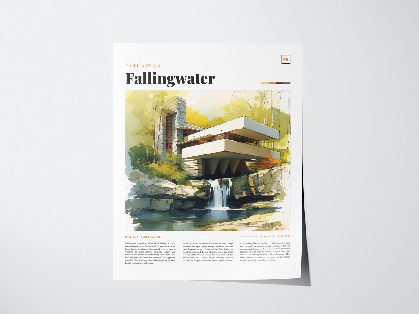 Watercolor illustration of Fallingwater, a modern architectural masterpiece by Frank Lloyd Wright, featuring cantilevered structures over a waterfall surrounded by lush greenery. Text and details included.