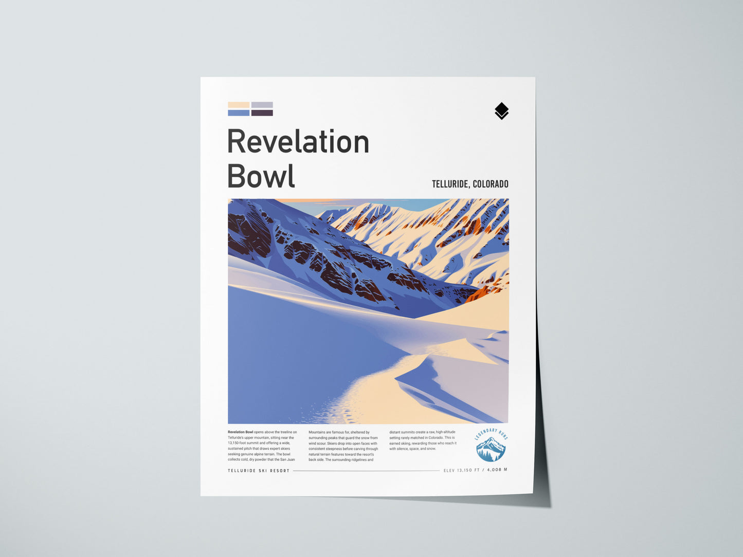 Revelation Bowl, Telluride Poster | Alpine Powder Run Mountain Wall Art — giclée print detail on matte paper