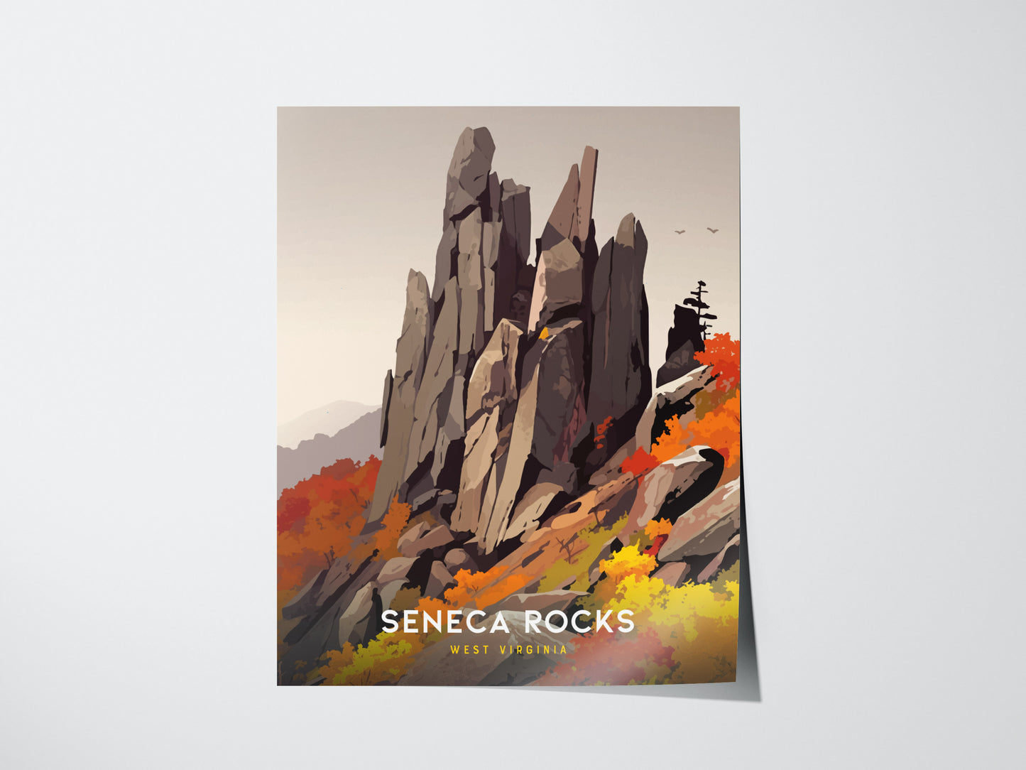 This poster depicts Seneca Rocks with towering rock formations against a muted sky, surrounded by vibrant autumn foliage in shades of orange and red. Text reads Seneca Rocks West Virginia.