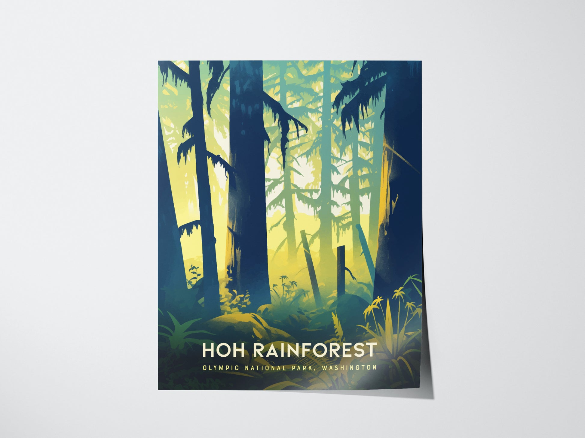 Poster of Hoh Rainforest features stylized trees and ferns with a vibrant yellow and green color palette. Text at the bottom reads Hoh Rainforest, Olympic National Park, Washington.