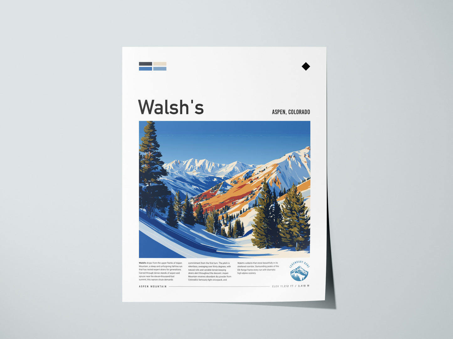 Walsh's, Aspen Poster | Fresh Powder Mountain Ski Run Wall Art — giclée print detail on matte paper
