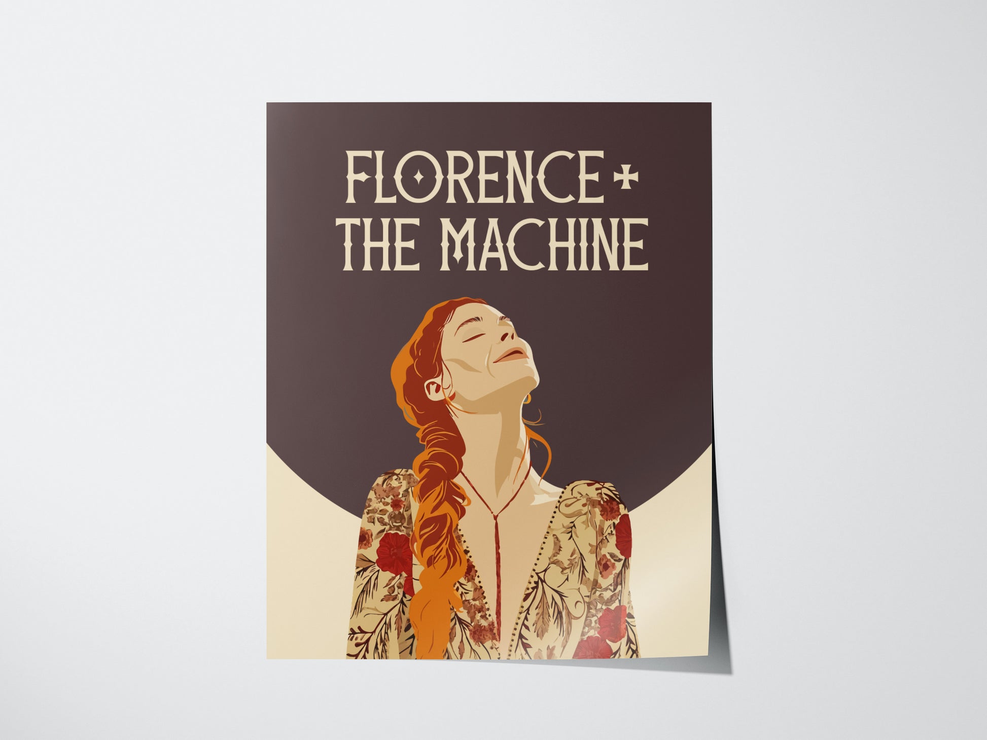 A poster features an illustrated figure with long red hair wearing a floral-patterned outfit, set against a brown background with the text Florence + The Machine above.
