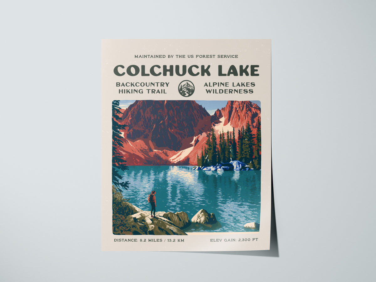 Colchuck Lake, Alpine Lakes Wilderness Poster | Hiker Gift | Backcountry Trail Wall Art — giclée print detail on matte paper