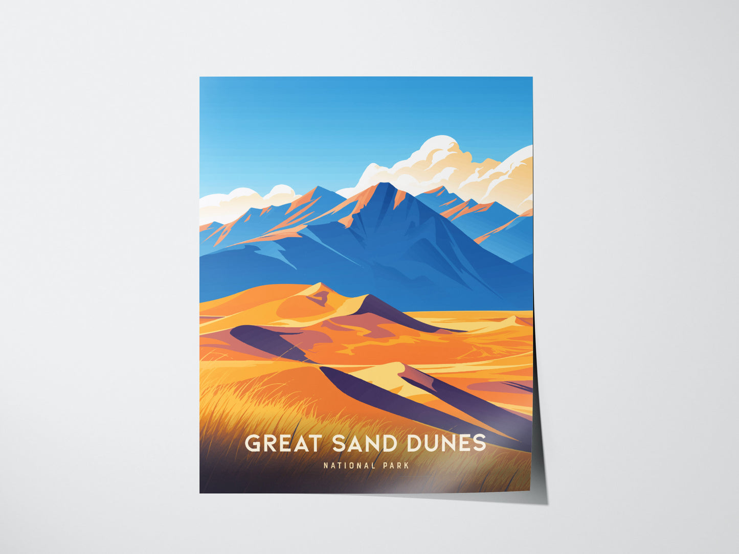 A vibrant poster of Great Sand Dunes National Park features golden dunes beneath blue mountains and a clear sky. The text reads Great Sand Dunes National Park.