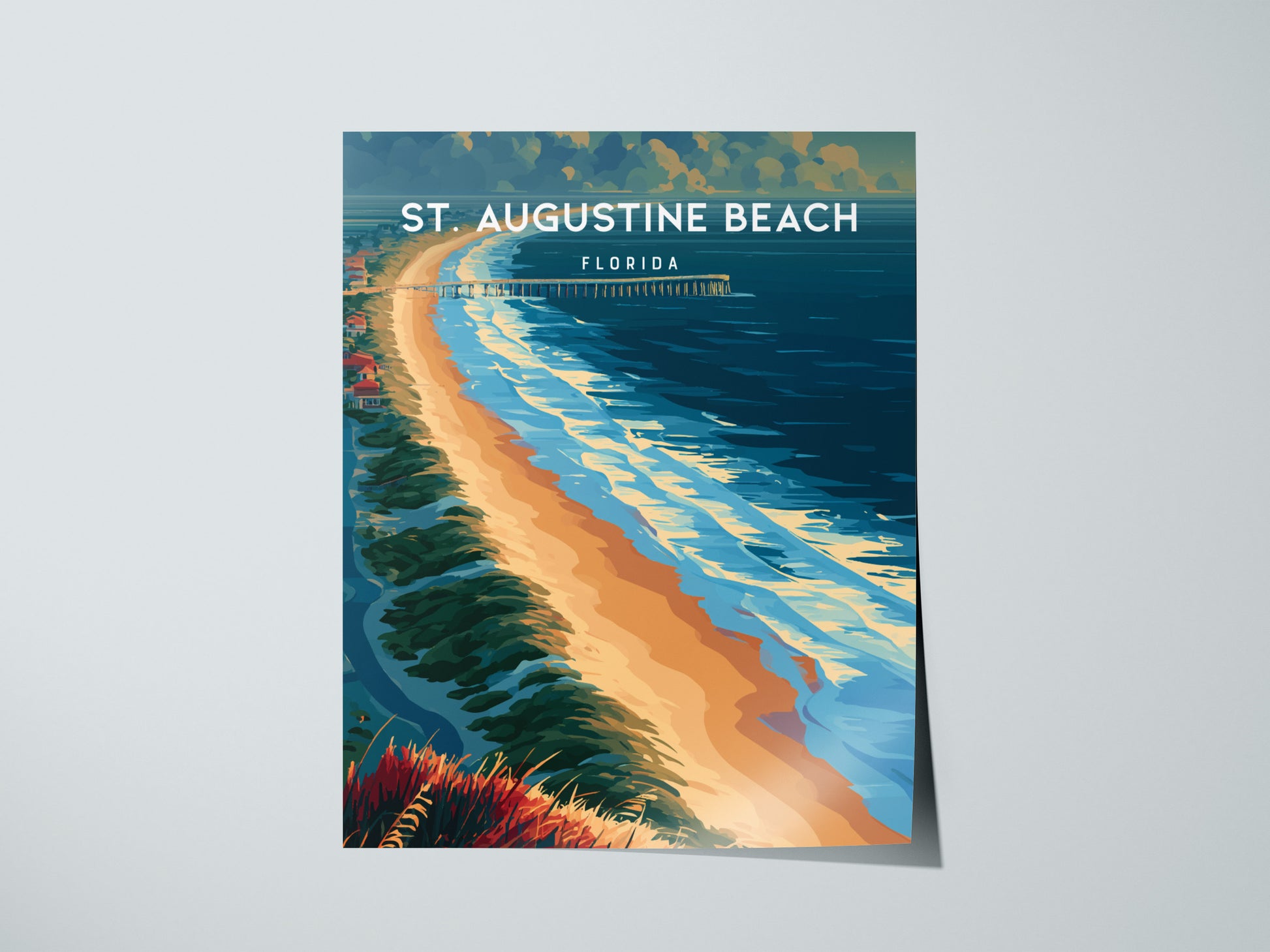St. Augustine Beach, Florida Poster | Sun-Kissed Shores & Pier Wall Art — giclée print detail on matte paper