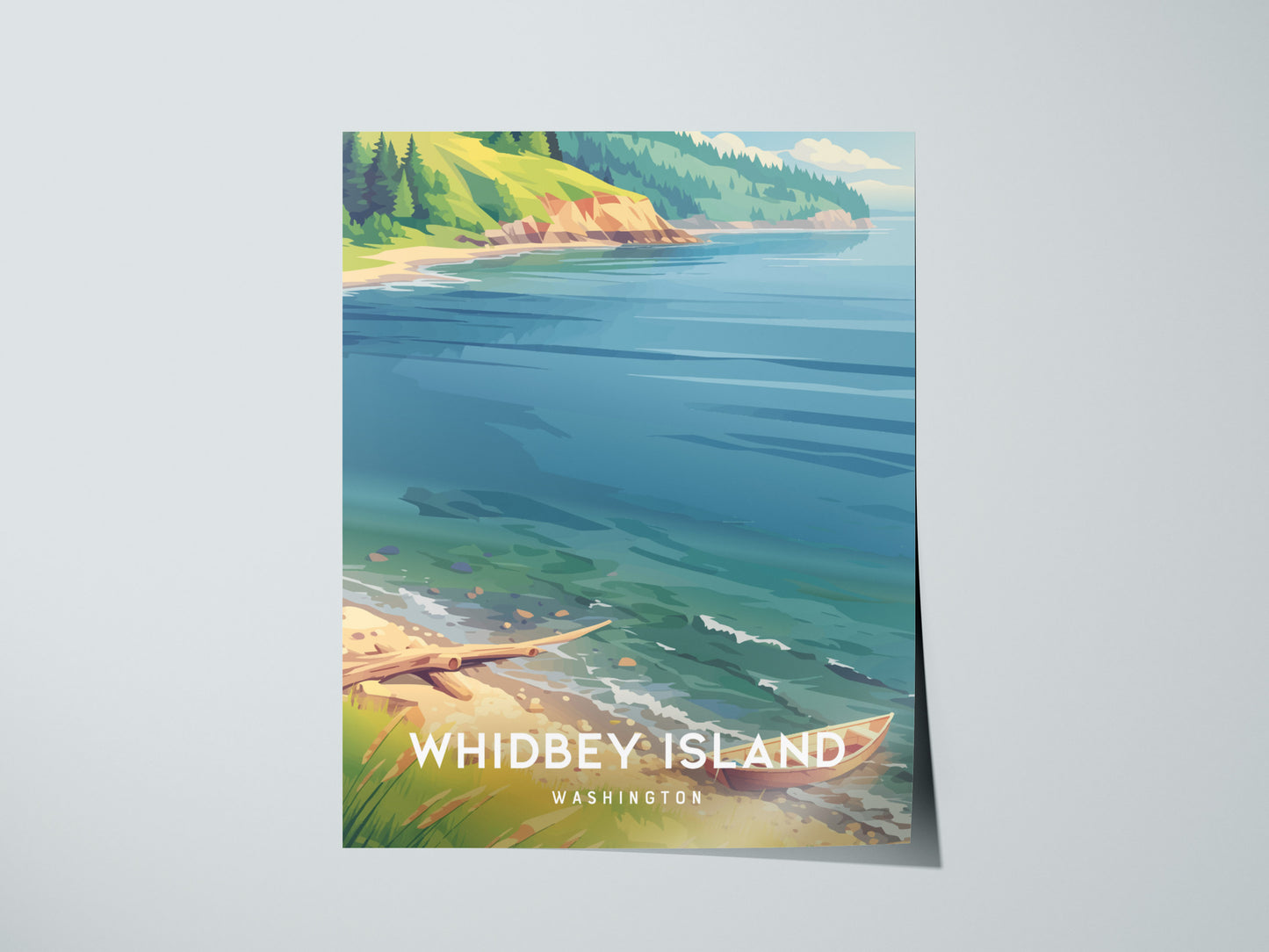 Whidbey Island, Washington Poster | Evergreen Shores & Sailboat Wall Art — giclée print detail on matte paper
