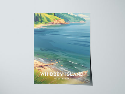 Whidbey Island, Washington Poster | Evergreen Shores & Sailboat Wall Art — giclée print detail on matte paper
