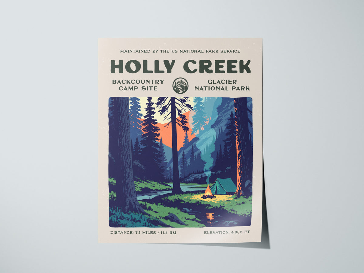 Holly Creek, Glacier National Park Poster | Hiker Gift | Backcountry Trail Wall Art — giclée print detail on matte paper