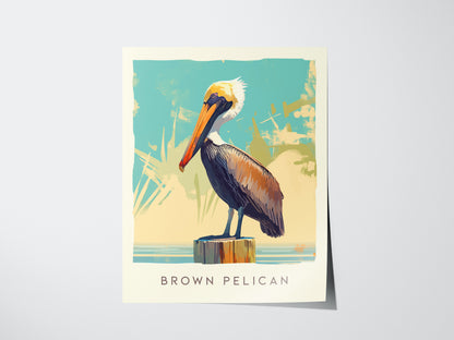 Illustrated poster of a brown pelican perched on a dock post against a stylized blue and beige background. The artwork includes the text Brown Pelican at the bottom.