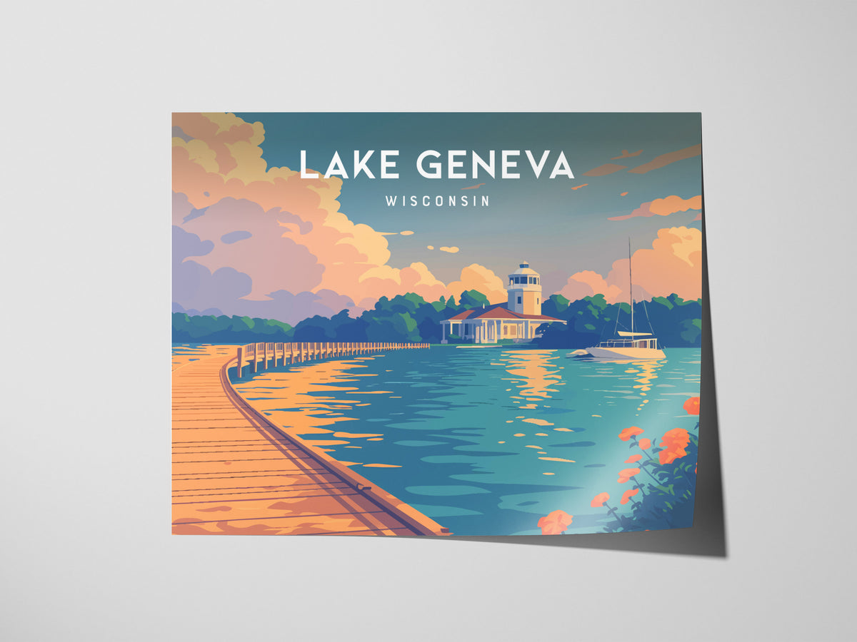 Lake Geneva, Wisconsin Landscape Poster | Lakefront Beauty Framed or Unframed Wall Art — giclée print detail on matte paper