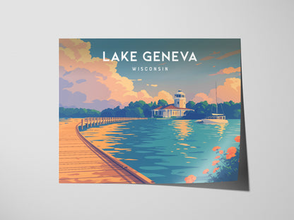 Lake Geneva, Wisconsin Landscape Poster | Lakefront Beauty Framed or Unframed Wall Art — giclée print detail on matte paper