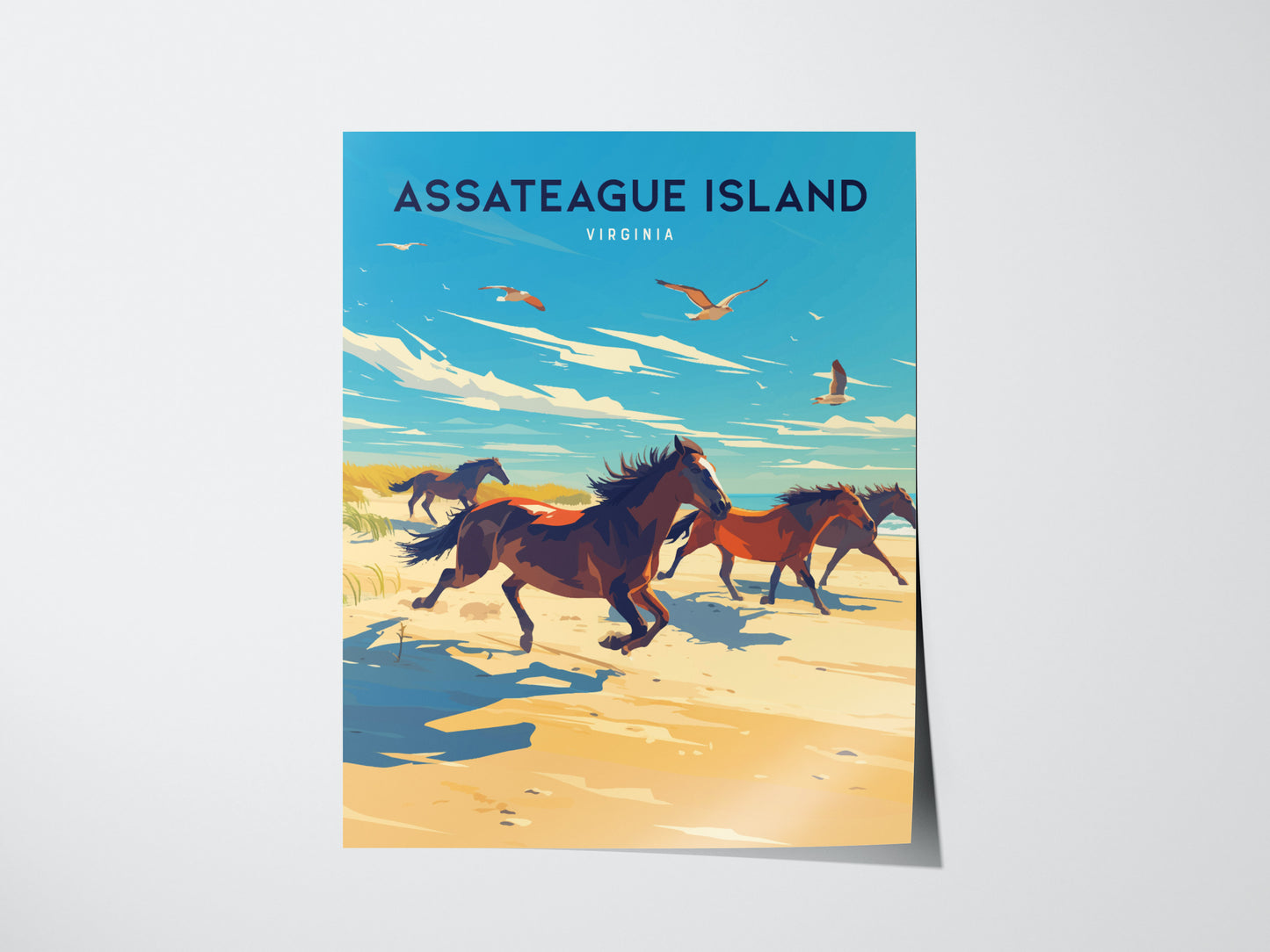 Illustrated poster of Assateague Island, Virginia, depicting wild horses galloping along the sandy shoreline under a bright blue sky with birds flying above.