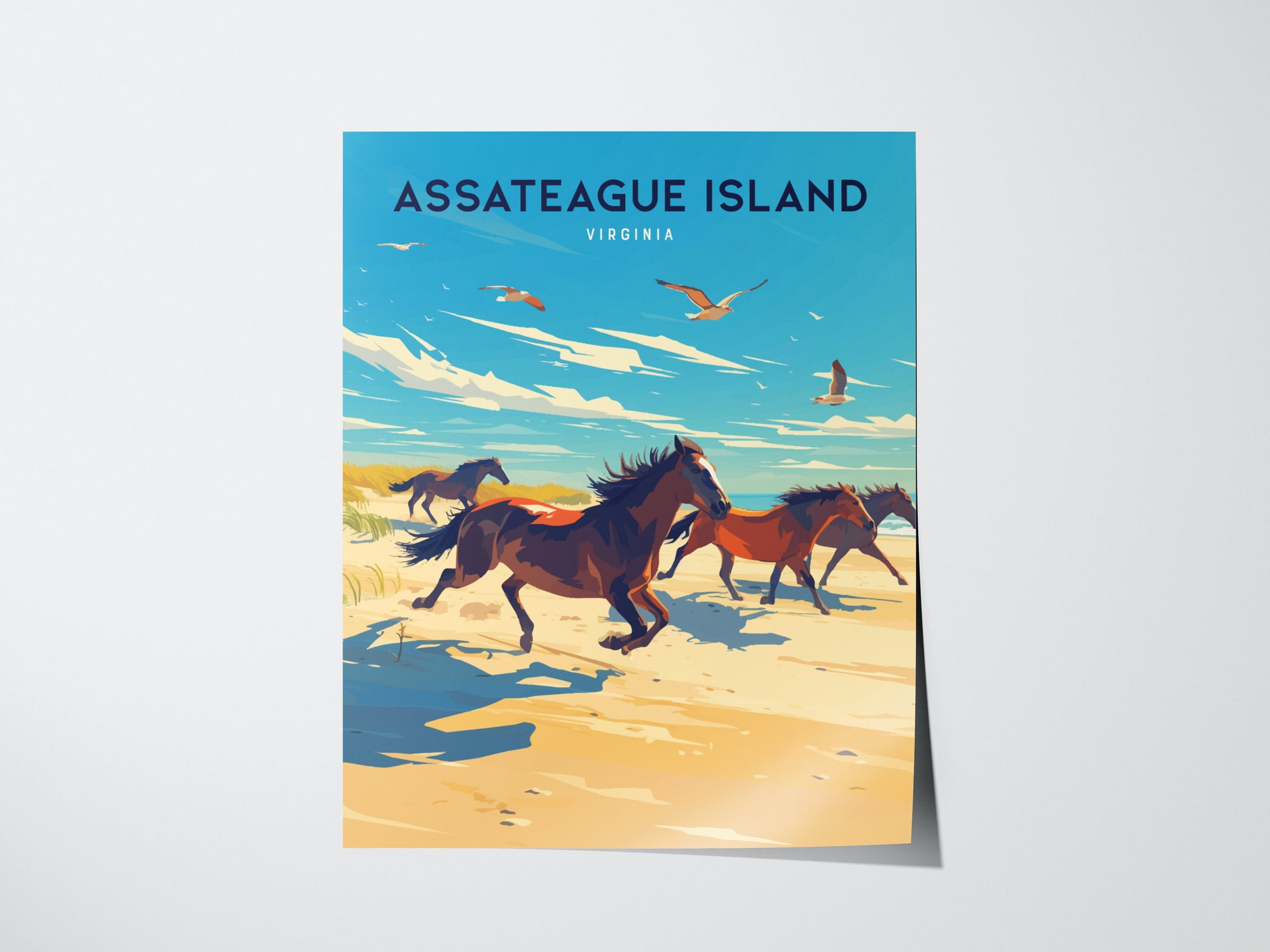 Illustrated poster of Assateague Island, Virginia, depicting wild horses galloping along the sandy shoreline under a bright blue sky with birds flying above.