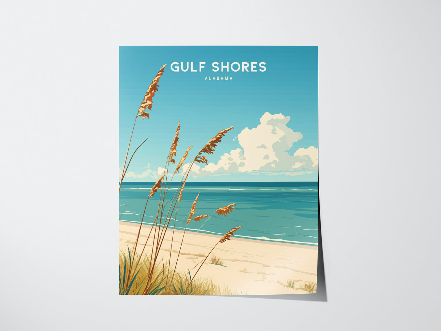 Illustrated poster of Gulf Shores, Alabama, featuring a serene beach scene with tall sea oats, turquoise ocean waves, and fluffy white clouds under a clear blue sky.