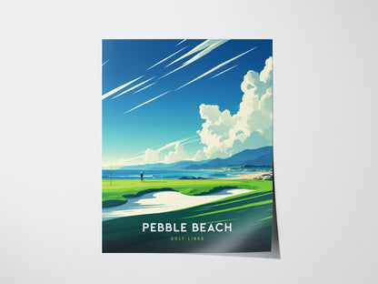 Illustrated poster of Pebble Beach Golf Links featuring a golfer on a lush green course with dramatic clouds and ocean in the background. Text reads Pebble Beach Golf Links.
