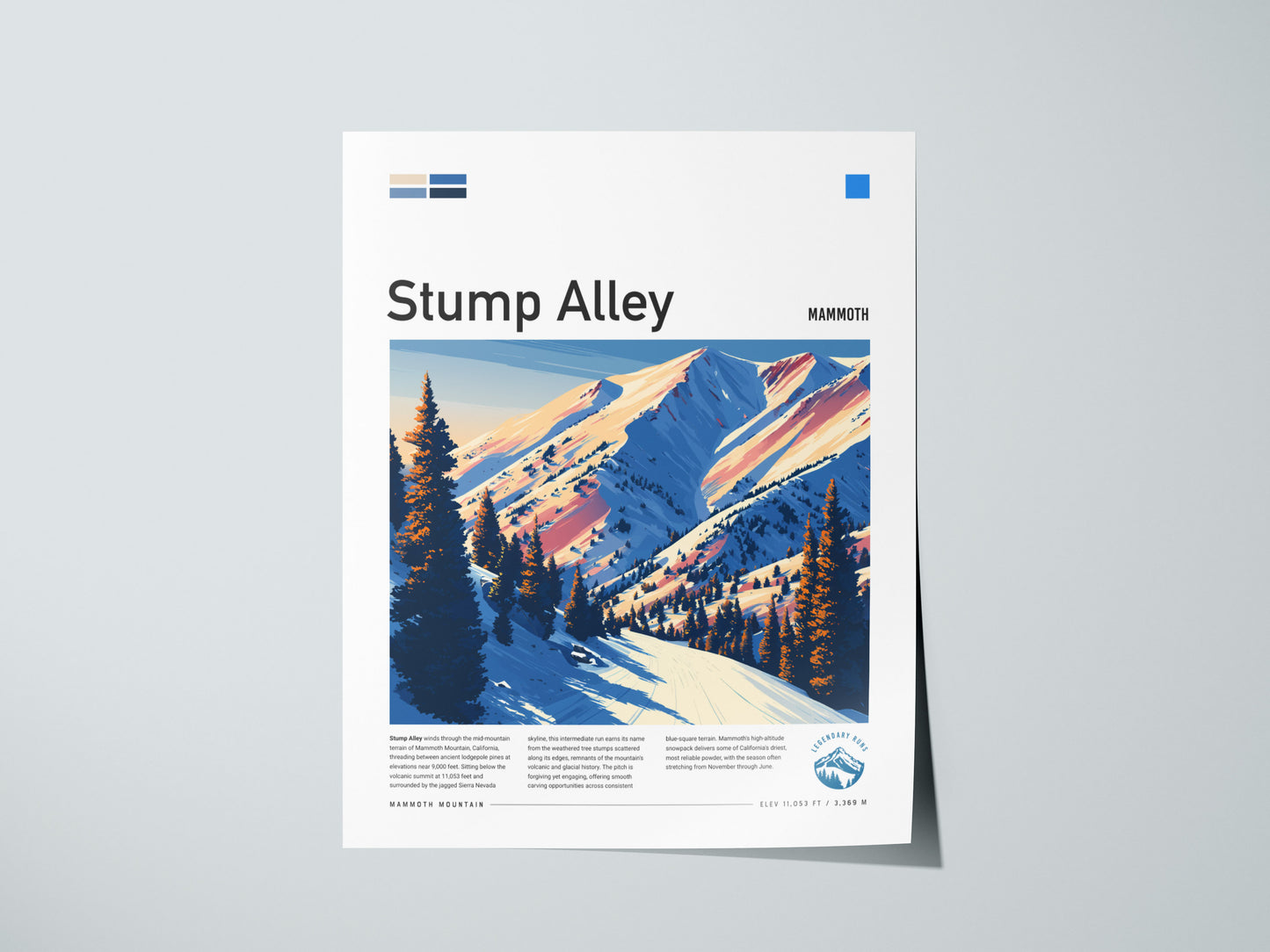 Stump Alley, Mammoth Poster | Bold Ski Run Mountain Wall Art — giclée print detail on matte paper