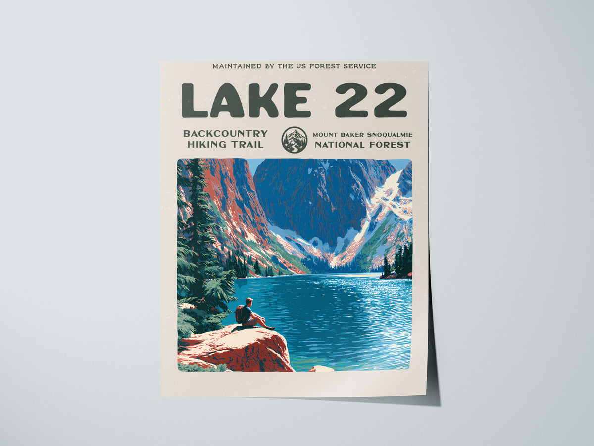 Lake 22, Mount Baker-Snoqualmie National Forest Poster | Hiker Gift | Backcountry Trail Wall Art — giclée print detail on mat