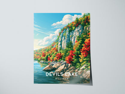 Devils Lake, Wisconsin Poster | Bluffs & Blue Water Travel Wall Art — giclée print detail on matte paper