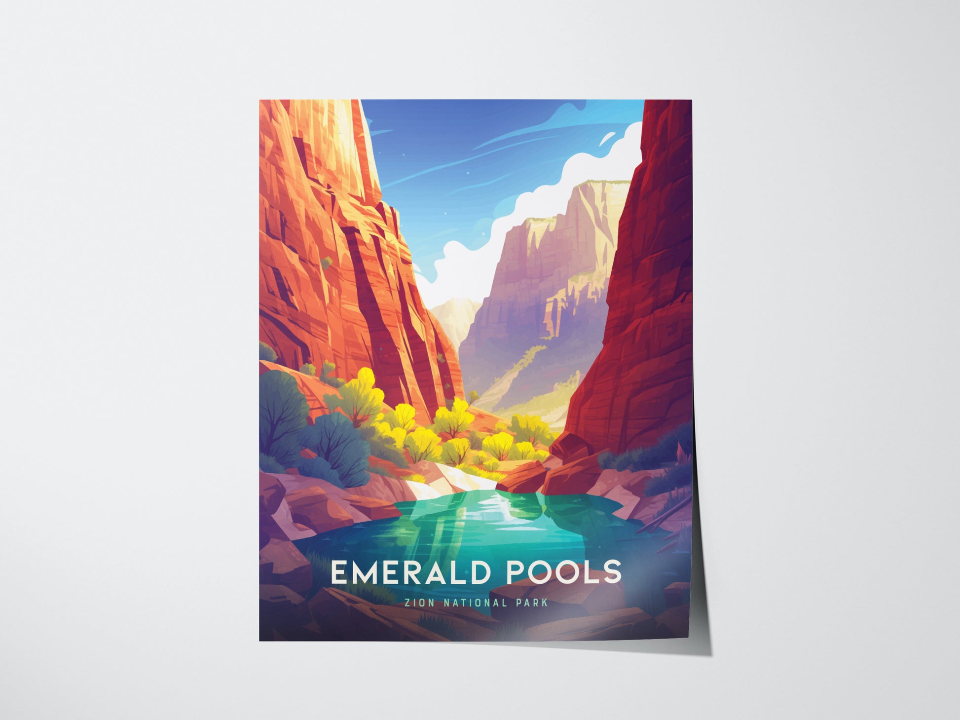 A vibrant poster illustrates Zion National Parks Emerald Pools, featuring red canyon cliffs, lush greenery, and a serene turquoise pool under a blue sky.