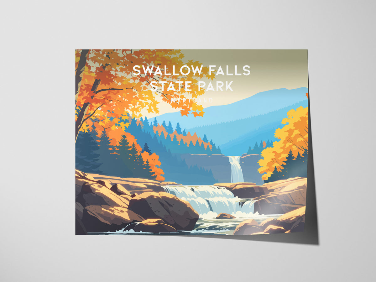 Swallow Falls State Park, Maryland Landscape Poster | Woodland Waterfall Vacation Wall Art — giclée print detail on matte pap
