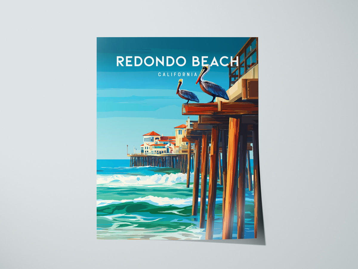 Redondo Beach, California Poster | Sun-Kissed Pier & Sailboat Wall Art — giclée print detail on matte paper