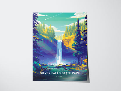 Colorful illustration of Silver Falls State Park, featuring a tall waterfall surrounded by vibrant trees and a clear sky. The text reads Silver Falls State Park, Oregon.