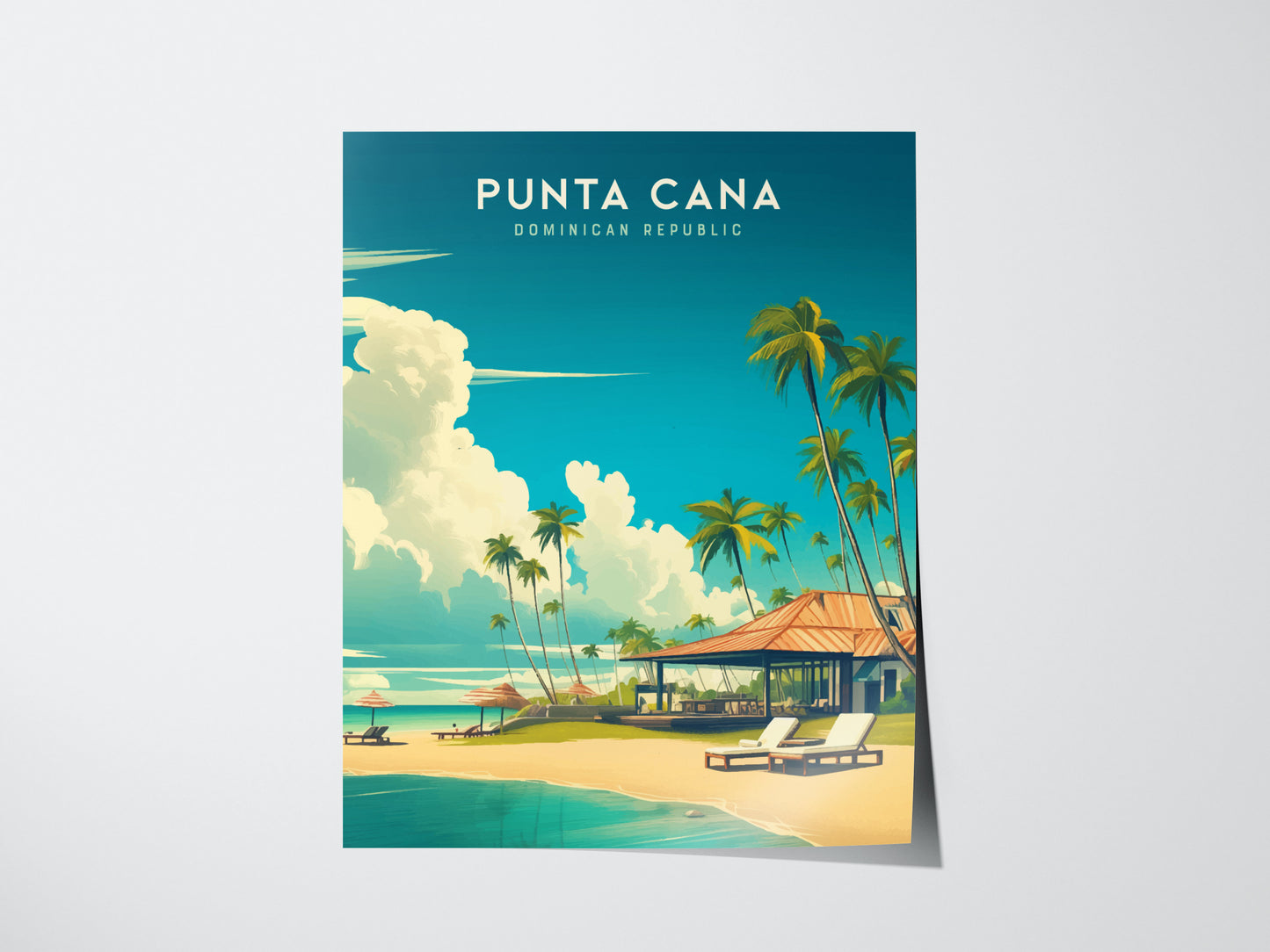 A vibrant poster of Punta Cana, Dominican Republic, featuring a serene beach scene with tall palm trees, a thatched-roof building, lounge chairs on the sandy shore, and a clear turquoise sea under a bright blue sky.