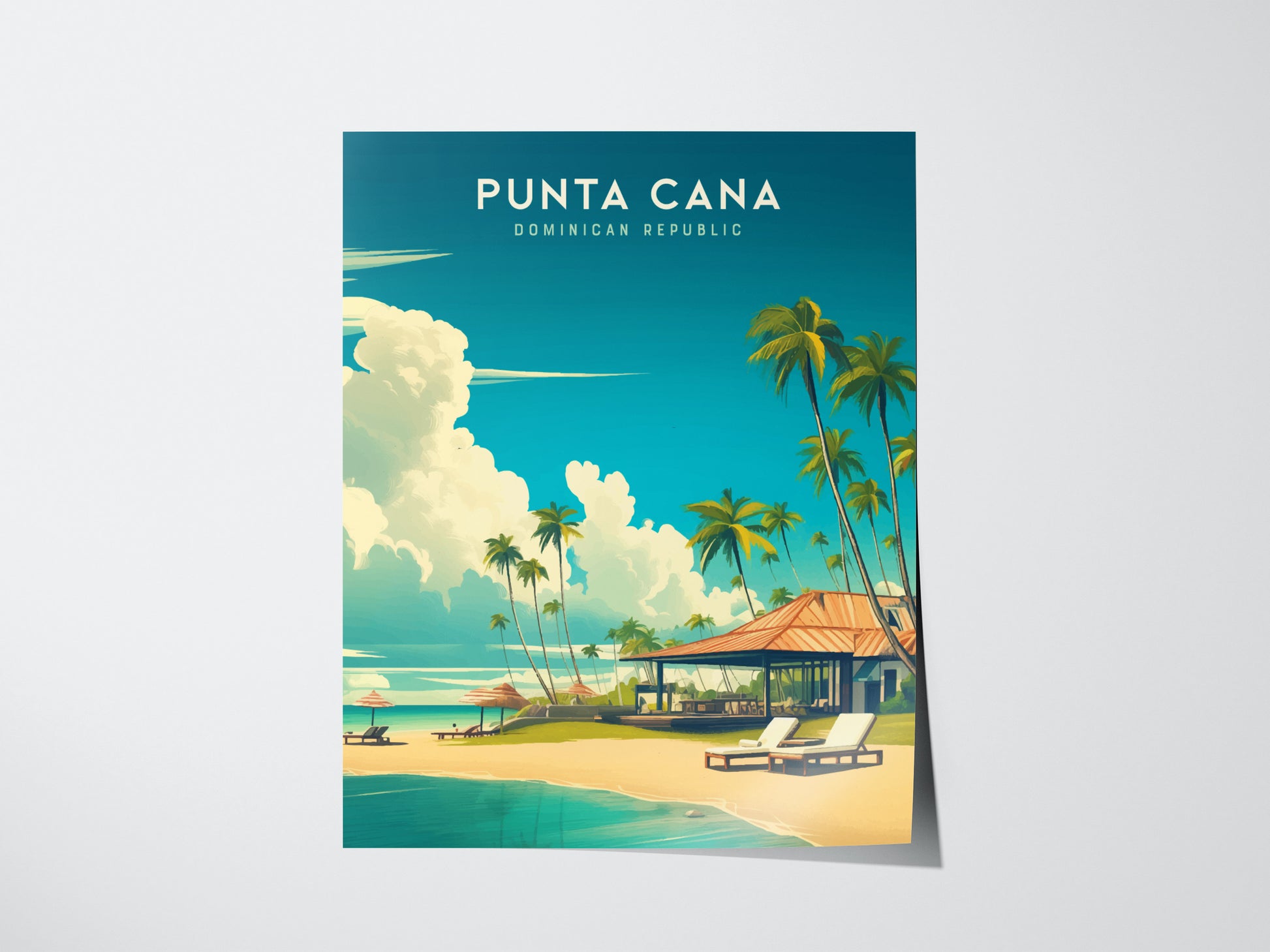A vibrant poster of Punta Cana, Dominican Republic, featuring a serene beach scene with tall palm trees, a thatched-roof building, lounge chairs on the sandy shore, and a clear turquoise sea under a bright blue sky.