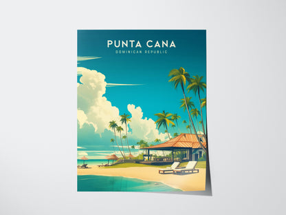 A vibrant poster of Punta Cana, Dominican Republic, featuring a serene beach scene with tall palm trees, a thatched-roof building, lounge chairs on the sandy shore, and a clear turquoise sea under a bright blue sky.
