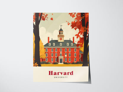 Illustrated poster of Harvard University featuring a classic red brick building framed by autumn trees with vibrant orange leaves. The text Harvard University is displayed at the bottom.
