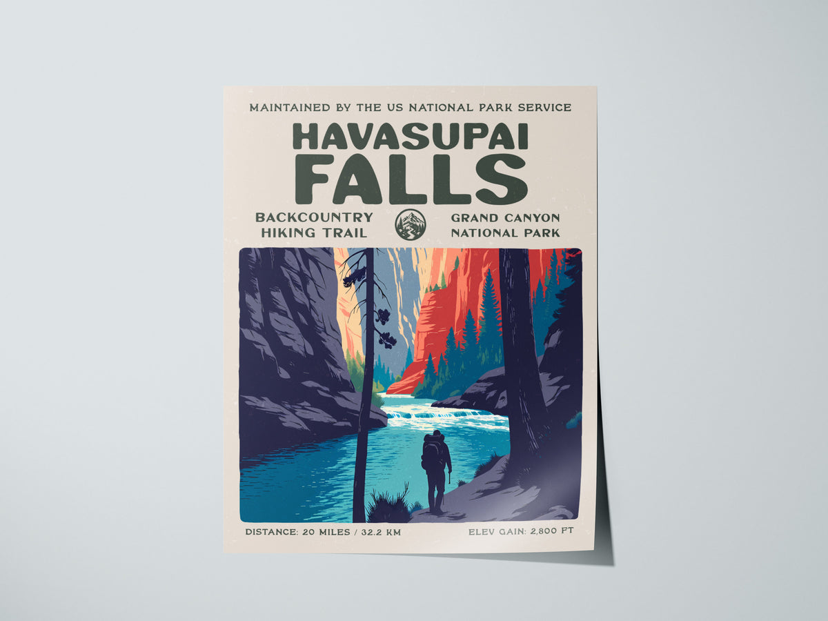 Havasupai Falls, Grand Canyon National Park Poster | Backpacker Gift | Turquoise Canyon Trail Wall Art — giclée print detail