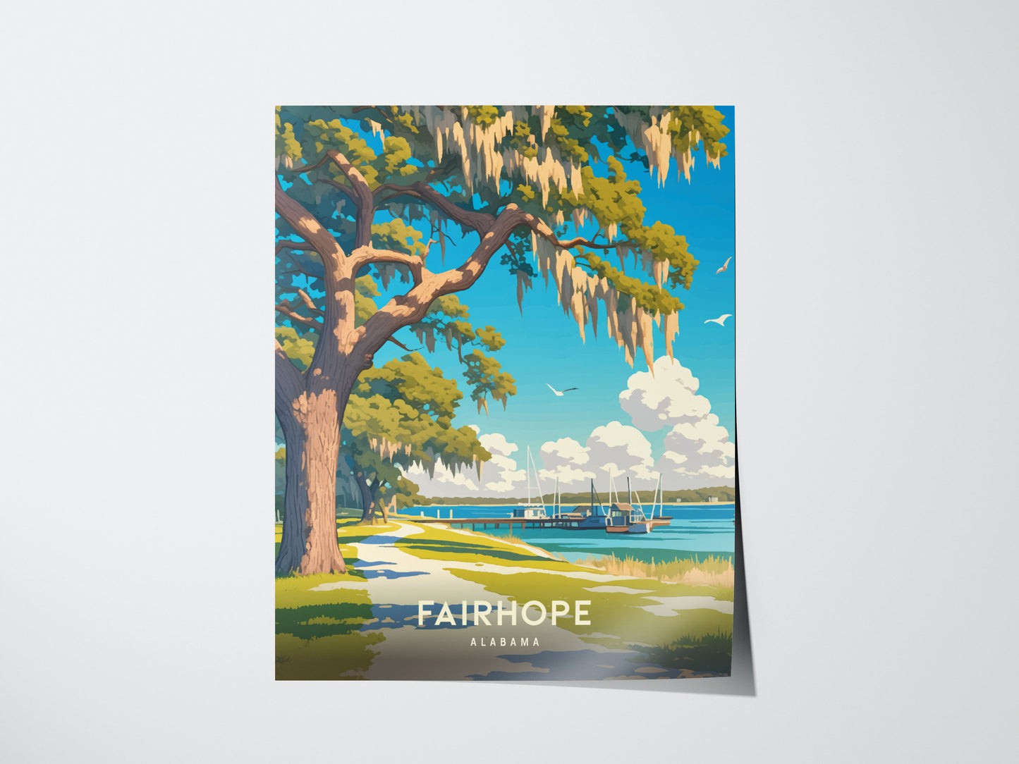 A vibrant poster of Fairhope, Alabama, featuring a large live oak tree with Spanish moss, a coastal pathway, and boats on Mobile Bay under a bright blue sky.