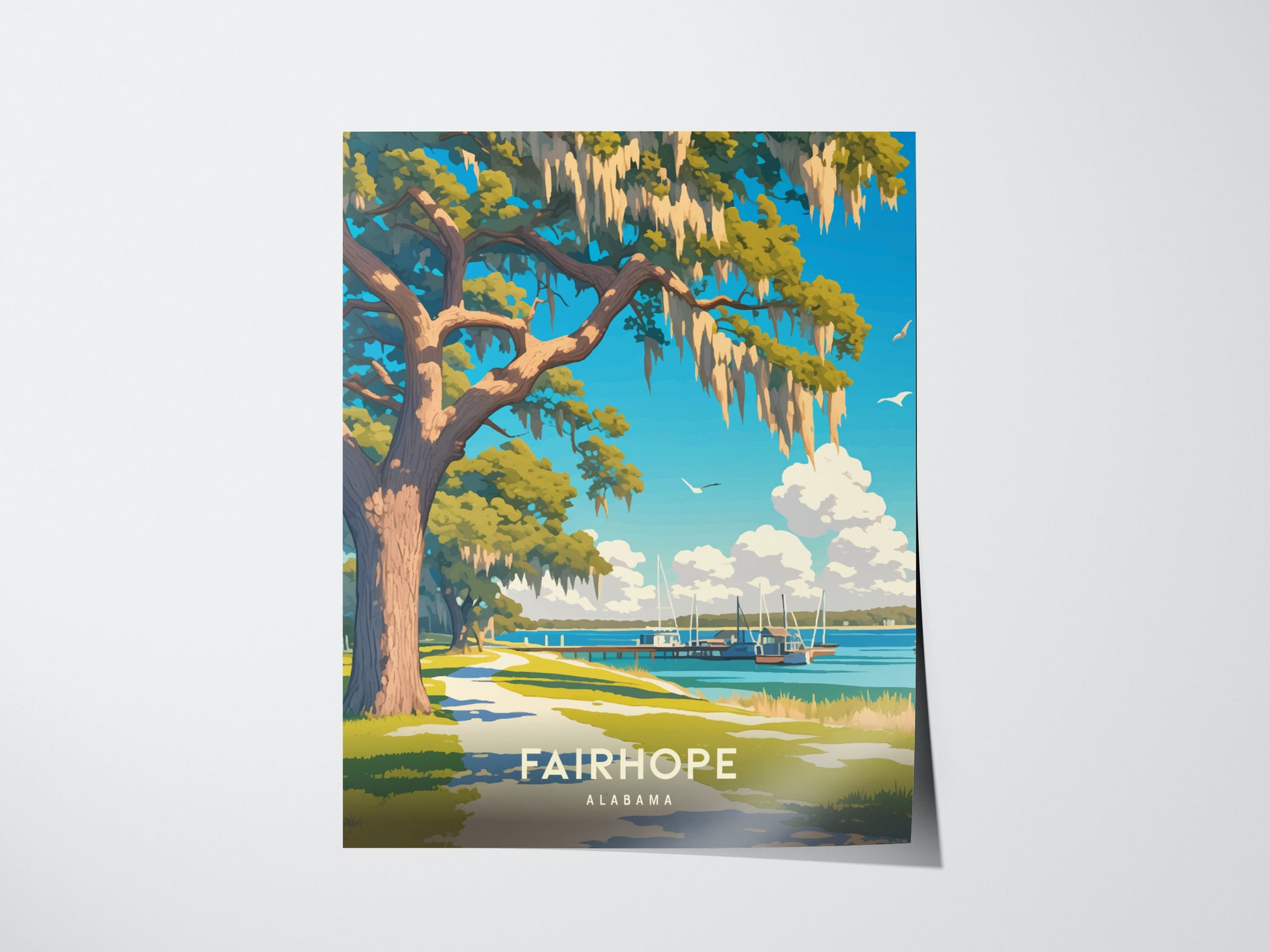 A vibrant poster of Fairhope, Alabama, featuring a large live oak tree with Spanish moss, a coastal pathway, and boats on Mobile Bay under a bright blue sky.