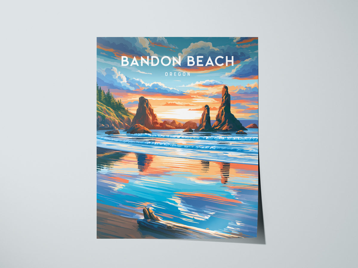Bandon Beach, Oregon Poster | Sea Stacks & Sunset Travel Wall Art — giclée print detail on matte paper