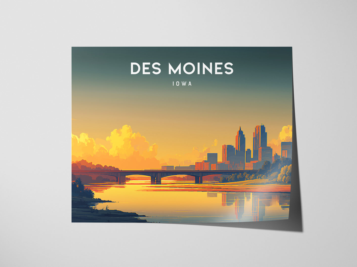 Des Moines, Iowa Landscape Poster | Heartland Skyline Travel Wall Art — giclée print detail on matte paper